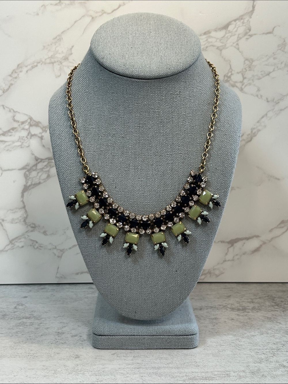 Statement Bib Necklace in Gold with Lime and Navy Accents
